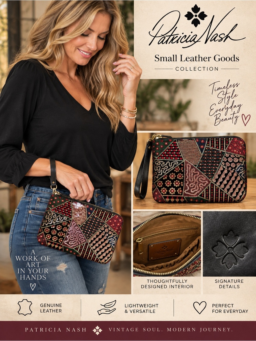 NWT Patricia Nash Cassini Velvet Patchwork Leather Wristlet Sequin Embroidered